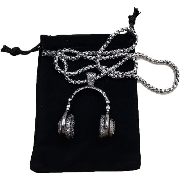 New Silver Stainless Steel Headphone Pendant Necklace for Men | DJ Music Gift - Picture 5 of 6